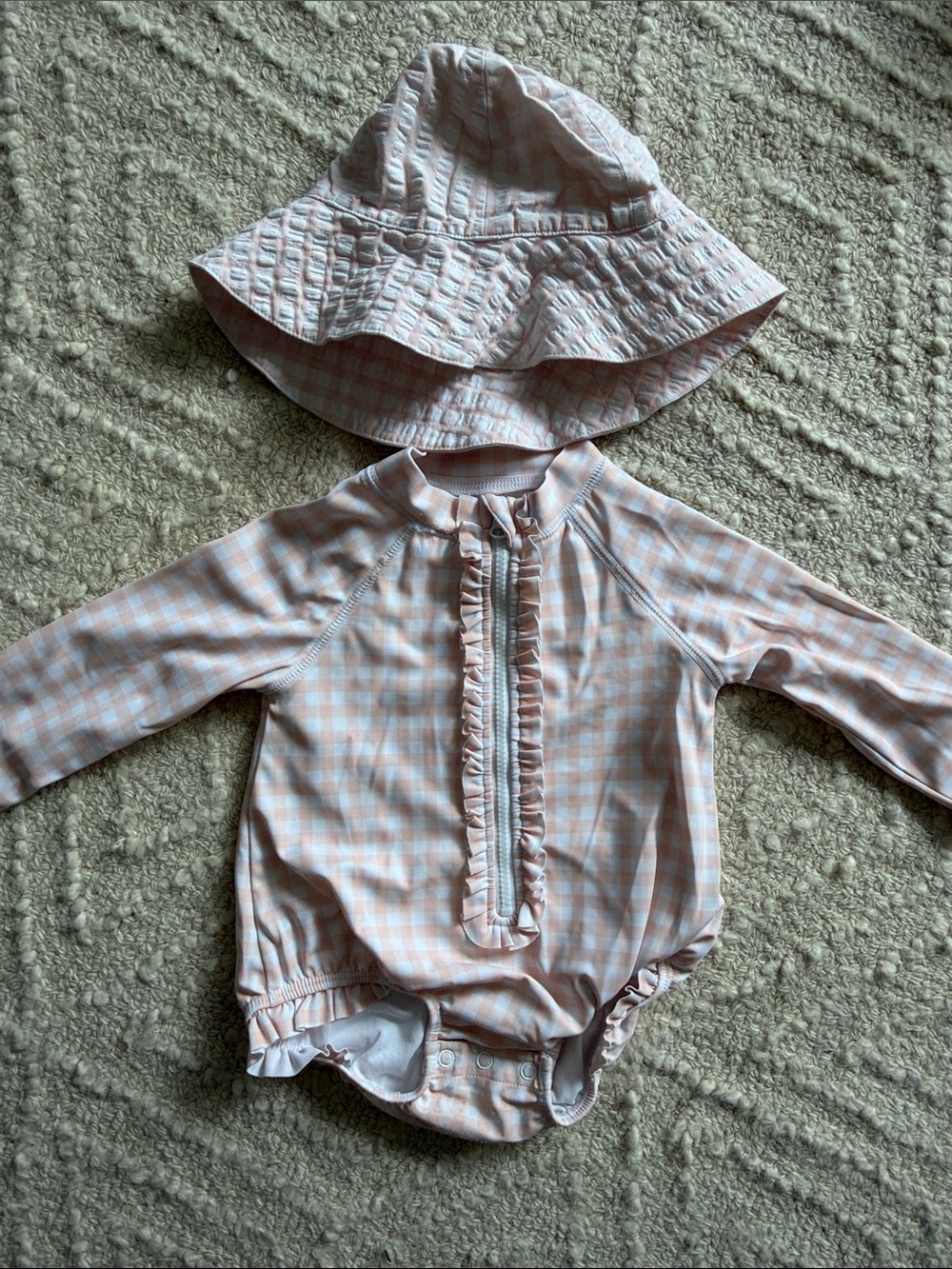 Janie and jack Baby Pink/peach Gingham Ruffle Rash Guard Set